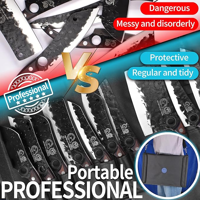 XYJ Professional Kitchen Knife Set with High-Carbon Steel Forged Blades, Chef's Knife, Cleaver, Carving Knife, Nakiri, Full Tang Design, Includes Carrying Bag & Poultry Scissors