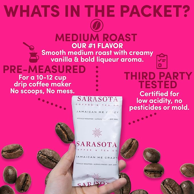 Sarasota Coffee Ground Packets | Gourmet Flavored Medium Roast Grounds Packs | Jamaican Me Crazy | Low Acid Mold Free Individual Single Pot Pouches for 12 Cup Coffee Maker | 2 Ounce Bags, 12 Count