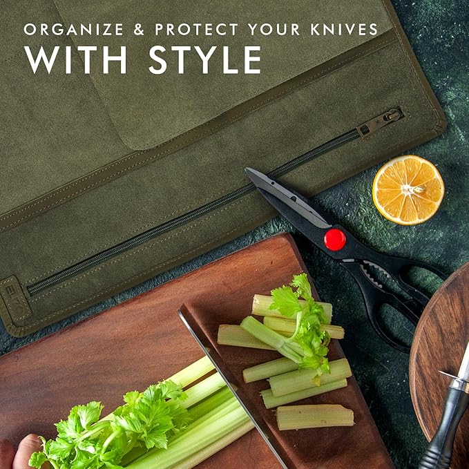 ELIZO Leather Knife Roll Bag Professional Chef Knife Case, Durable Knife Sheath Holder, Cooks & Culinary Tools Carrying Storage, Portable Knife Wrap - 4 Slots (Eucalyptus)
