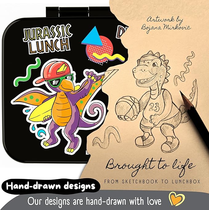 BEARFOOT Kids Lunch Box with Compartments – Compact & Lightweight | Leak-Proof, BPA-Free, Dishwasher & Microwave Safe | Hand-Drawn Design for Preschool, School, Travel (Dinos Black, 4 Cups)