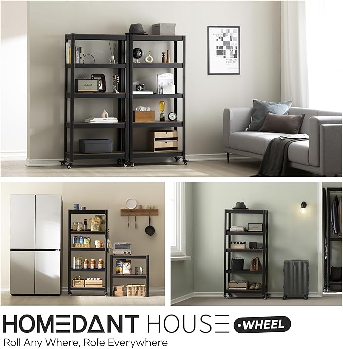 HOMEDANT House 5-Tier Metal Rolling Cart Shelf Rack Casters Heavy Duty Wheel Shelving Unit Adjustable Utility Storage Shelves Organizer Shelf Kitchen Garage 24.4" W x 16.5" D x 62.2" H 10Pack