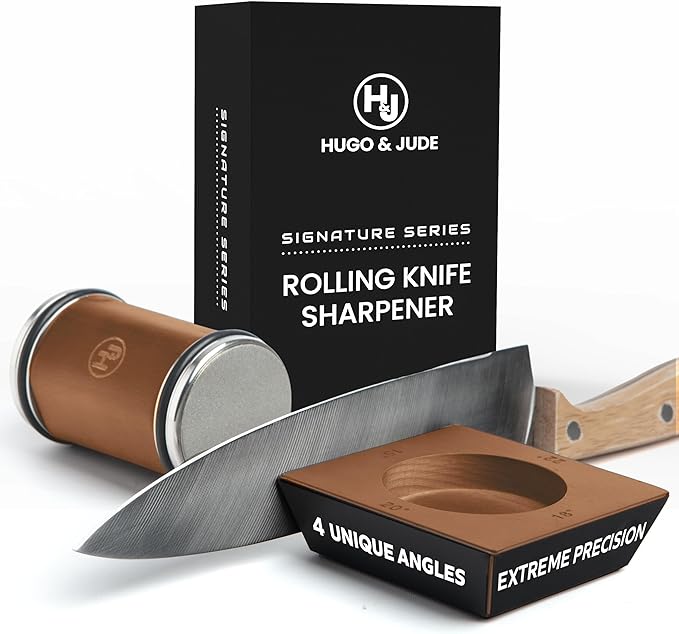 Hugo & Jude Premium Rolling Knife Sharpener - Sharpening Made Easy - Ergonomic Diamond Rolling Wheel Sharpener, 15/18/20/22° Magnetic Angles for Kitchen Knife Sharpener- Kitchen Gadgets & Gifts
