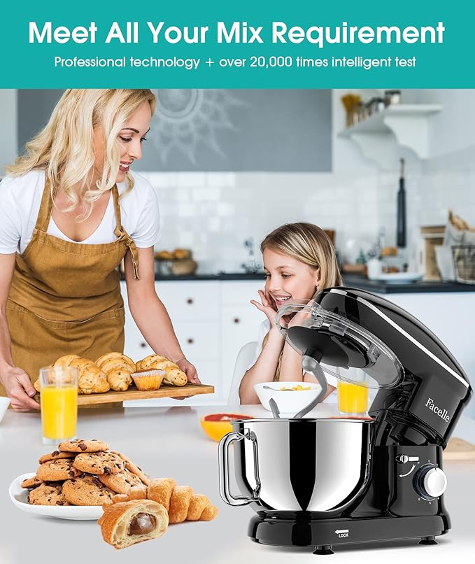 Facelle Stand Mixer, 660W 6 Speed Electric Kitchen Mixer with Pulse Button, Attachments include 6.5QT Bowl, Dishwasher Safe Beater,Dough Hook,Whisk & Splash Guard for Dough,Baking,Cakes,Cookie(Black)