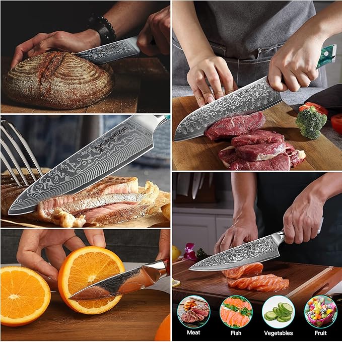 Chef Cooking Knives Set- Kitchen Knife Set of 5 Piece - Ultra-Sharp VG10 Damascus Steel & Resin Handle - Xuan Series (Jade Green)