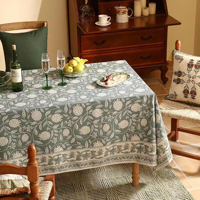 ISAENNE Designer Grayish Green Linen Small Tablecloth Rectangular,Floral Stain Resistant Table Cloth,Fall Vintage Decor Tablecloths for Dining Thanksgiving Kitchen Party,55"*71"-Andrew A