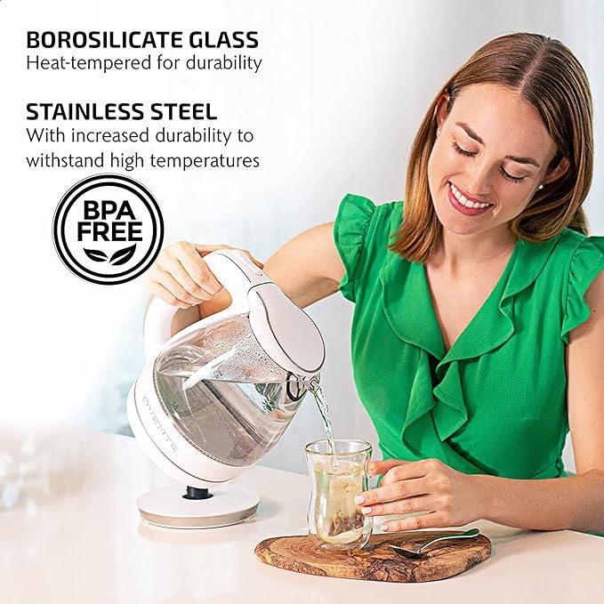 OVENTE Electric Kettle, 1.5L Borosilicate Glass Countertop Water Heater and Boiler for Coffee or Tea, BPA-Free, Auto Shut-Off, Boil-Dry Protection, Removable and Washable Spout Filter, White KG83W