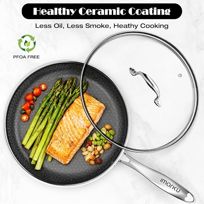 imarku Non Stick Frying Pans, 11.8 inch Hybrid Frying Pans Nonstick with Tempered Glass Lid, Stainless Steel Skillet, Dishwasher and Oven Safe Cooking Pan, Works with All Cooktops, PFOA Free Cookware