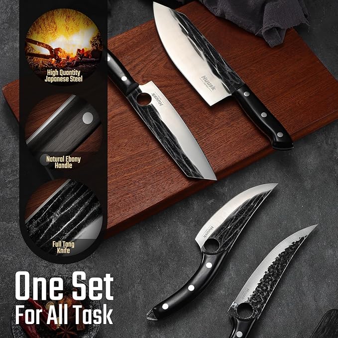 Huusk Knives Set, Serbian Chef Knife Set with Bag, Japanese Kitchen Knives Set, Hand Forged High Carbon Steel Knife Set, Full Tang Knives with Ebony Handle, Butcher Knife Set for Dad, Gif for Men