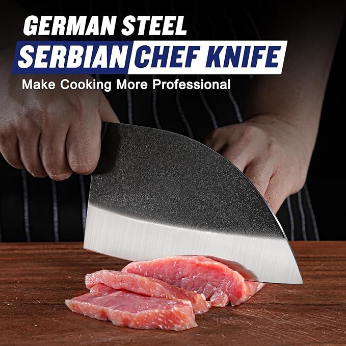 SSGP Serbian Chef Knife, 7.2 Inch Meat Cleaver Knife with Full Tang Handle, Hand Forged Heavy Duty Chopper Knife, Butcher Knife for Kitchen, Outdoor Cooking, Camping