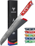 8” Bread Knife Serrated Kitchen Chef Knife - Damascus Steel & Resin Handle - Xuan Series (Sunset Red)