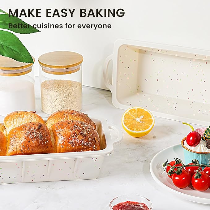Vinino Silicone Bread Loaf Pan with Metal Reinforced Frame, 9.5 x 5 in Non-stick Silicone 1 lb Loaf Pan for Baking, 2 Pack Durable Bread Pan for Oven Dishwasher Safe - Cream