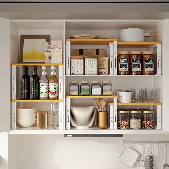 Adjustable Storage Shelves for Kitchen Cabinet Organization - Set of 2 Stackable Metal & Solid Wood Racks, Space-Saving Design for Countertop/Pantry/Garage, Easy Assembly(2 Packs/Large/White)