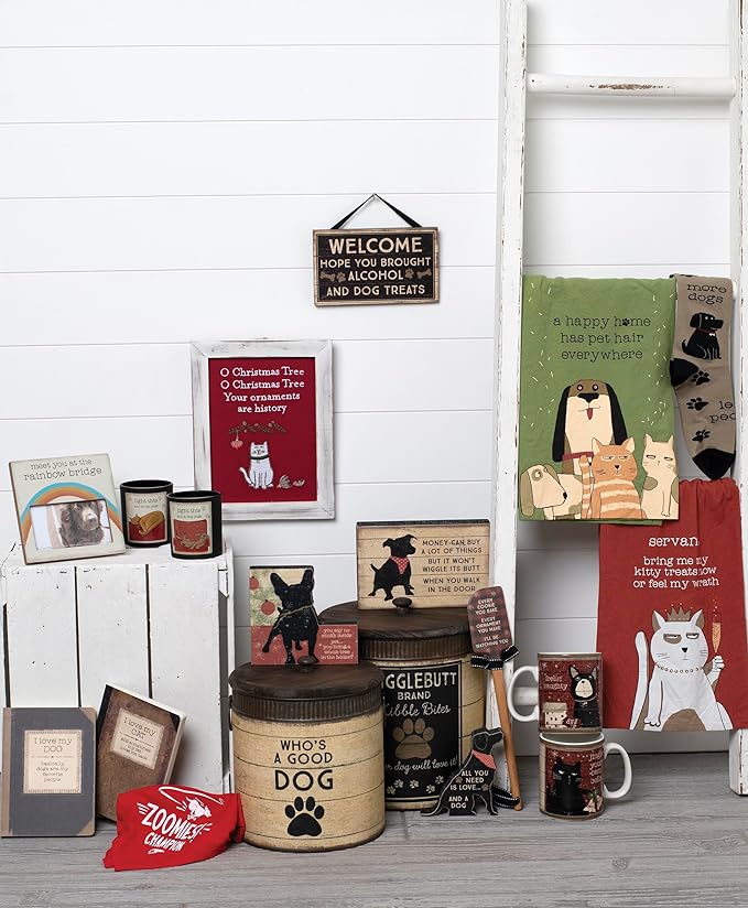 Primitives by Kathy Rustic Pet Tin Bins - Dog Food & Toy Storage Set, 'Toys & Beware of Wigglebutts' Themed Containers