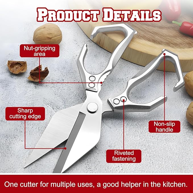 Multifunctional Heavy-Duty Kitchen Shears, Heavy Duty Kitchen Scissors for Food with Ergonomic Handle,Stainless Steel Culinary Shears for Chicken Meat Seafood Bone Cutting,Cooking Accessories (Red)