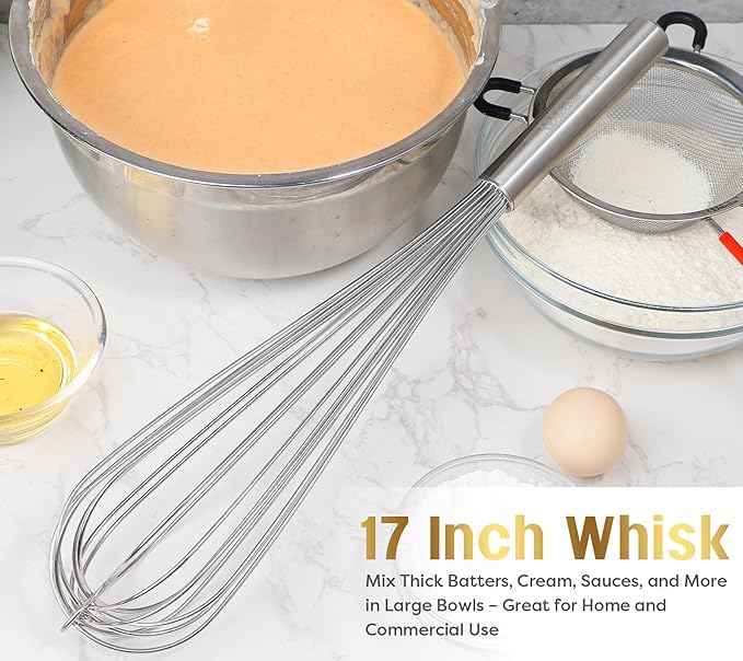Webake Commercial Whisk Heavy Duty 17in Large Whisk, 304 Stainless Steel Whisks for Mixing, Beating, Blending, Professional Kitchen Tools