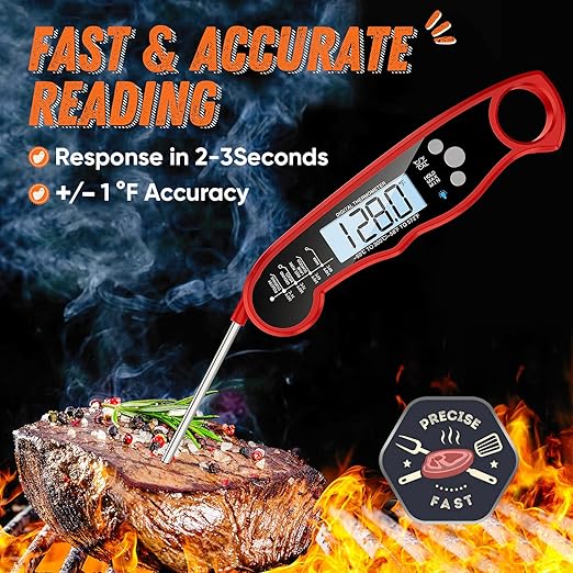 Instant Read Meat Thermometer for Grill and Cooking, Fast & Precise Digital Food Thermometer with Backlight, Magnet, Calibration, and Foldable Probe for Kitchen, Outdoor Grilling and BBQ!…