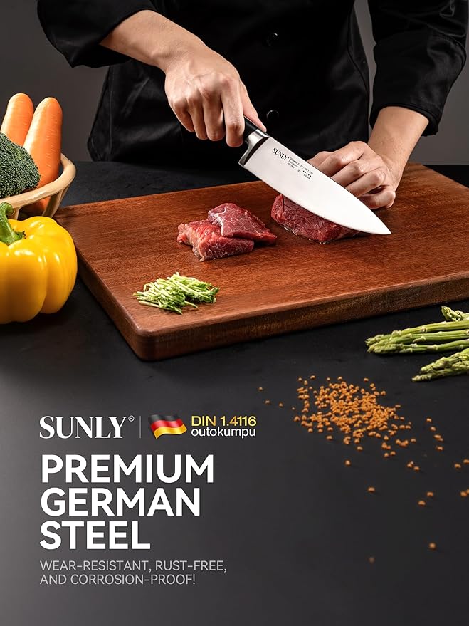 SUNLY 8 Inch Chef Knife, Professional Kitchen Knife Made of German High Carbon Stainless Steel, 58±2 HRC, Ultra Sharp Cooking Knife with Ergonomic ABS Handle, DIN 1.4116 for Home & Restaurant