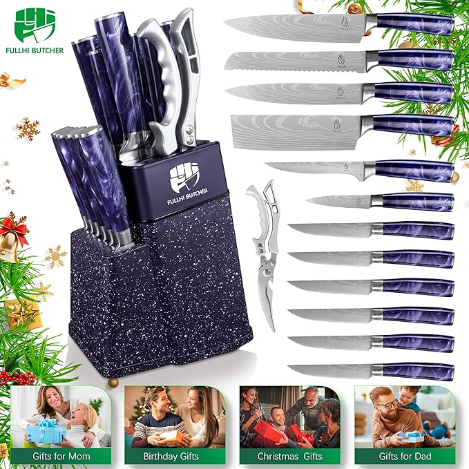 FULLHI 14pcs Block Knife Set, Chef's Knife Steak Knives Set with Block and Sharpener, Kitchen Knife Set, Multi-colour Handle, Gifts for Men Women