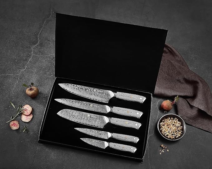 Wakoli Damascus Knife Block Set – 5-Piece Professional Chef Knife Collection with Magnetic Block | Genuine 67-Layer Damascus Steel Blades with VG10 Core | Ergonomic G10 Handles (Noir Blanc)