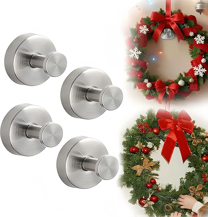 Suction Cup Hooks for Wreaths on Glass, 2026 Upgrade No Drill Towel Hooks Stainless Steel Waterproof Suction Cup Hooks, Wreath Hanger for Front Door for Kitchen, Bedroom (4, Silver)