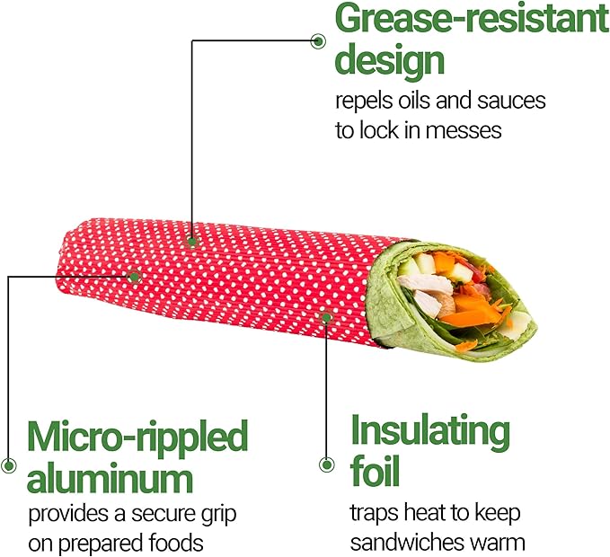 Restaurantware 12" x 12" Rippled Aluminum Foil Food Wrap and Fry Basket Liner: Perfect for Restaurant Take Out Bakeries and Food Trucks - Red Polka Dot Foil Sandwich Wraps - 500-CT