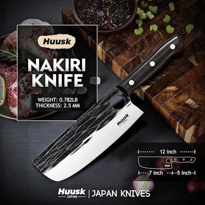 Huusk Japanese Nakiri Knife, 7 Inch Vegetable Chopping Knives with Full Tang Design, Hand Forged Cleaver with Ebony Handle, Japanese Kitchen Knife for Meat Cutting, Cooking Gift for Men