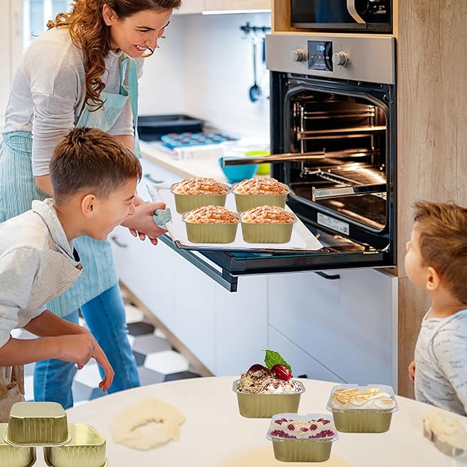 Cupcake Liners with Lids, 30pcs 10oz Mini Cake Pans With Lids Disposable Aluminum Foil Creme Brulee Ramekins Cake Cups Aluminum Pans With Lids Baking Cups, Gold, HG01AP300GDX30