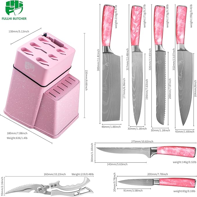 FULLHI 8pcs block Knife Set,chef's Knves Set with Block and Sharpener, Kitchen Knife Set,Multi-colour Handle, Gifts for Men Women