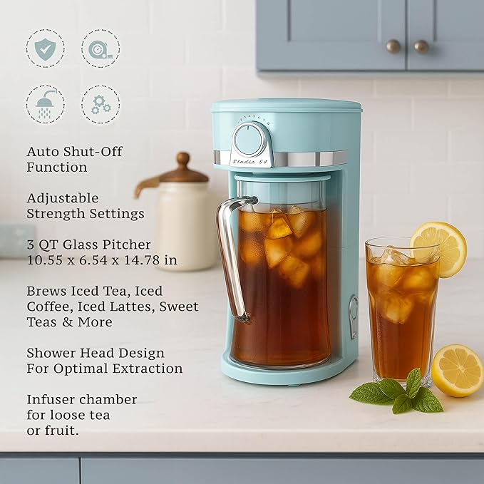 Studio 54 Retro Iced Tea Maker with Infuser, 3QT Glass Pitcher Electric Tea and Coffee Brewer, Adjustable Strength Cold Brew Maker for Iced Coffee, Iced Lattes, Sweet Tea & Fruit Infusions
