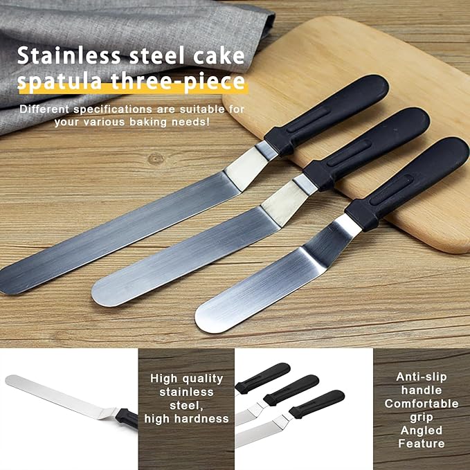 Frosting Spatula, Icing Spatula Set - 6", 8", 10" Stainless Steel Offset Cake Spatulas with Non-Slip Handle & 3 Cake Scrapers, Angled Baking & Frosting Decorating Tools