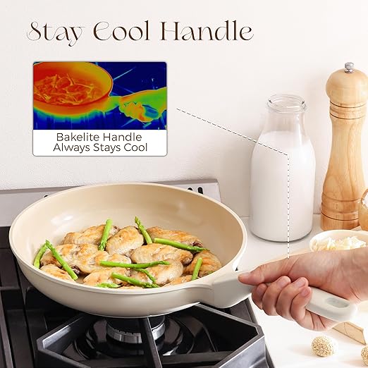 PRICUSIS Nonstick Ceramic Frying Pan, 8/10 Inch Skillet with Stay Cool Handle, Fully Coated, Induction Compatible & Oven Safe, 100% Dishwasher Safe, PTFE PFAS & PFOA Free（8 Inch, Coconut White）