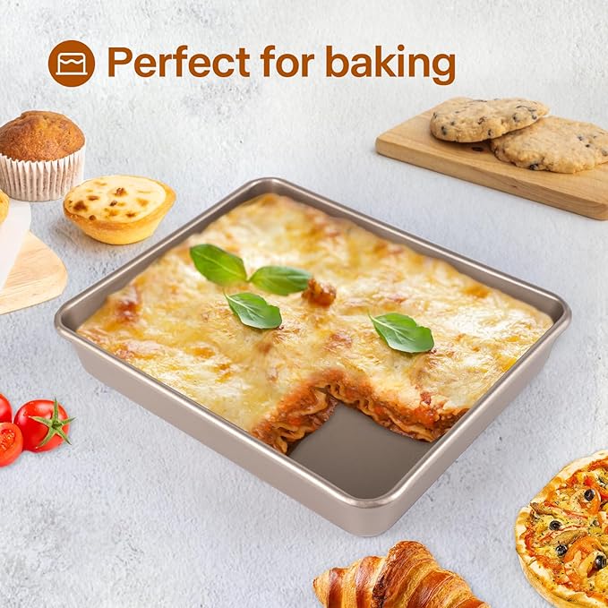 Rectangle Cake Pan, 9x11 Baking Pan, Deep Bread Pan Nonstick, Toaster Oven Tray Bakeware for Brownies, Heavy Duty, 11x9x2 Inch, Pack of 2, Gold, Easy Release