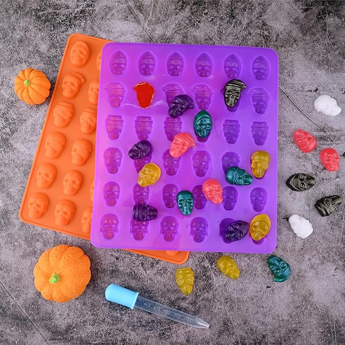 HUAKENER Gummy Skull Candy Molds, 2 Pack Chocolate Molds with 2 Dropper, Silicone Molds for Chocolate, Candy, Jelly, Dog Treats, Ice Cube, Resin Casting