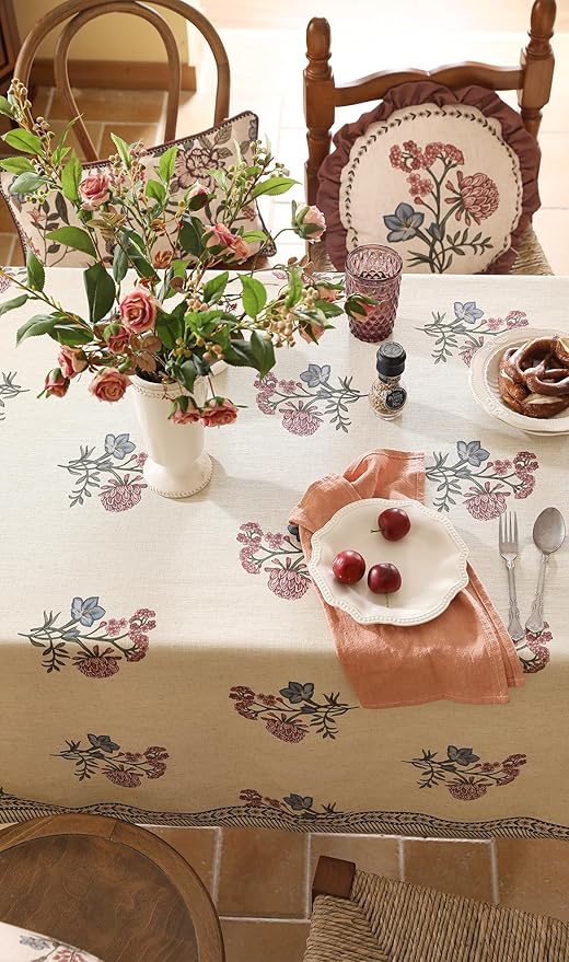 ISAENNE Designer Linen Light Beige Long Table Cloth Rectangle,French Colorful Floral Tablecloth,Stain Resistant Decor Tablecloths for Dining Thanksgiving Christmas Kitchen,63"*102"-Helena E