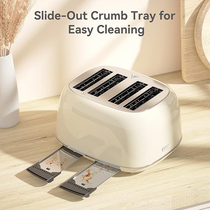Toaster 4 Slice, Retro Stainless with 6 Bread Shade Settings,1.5''Wide Slots Toaster with Cancel/Defrost/Reheat Functions,Dual Independent Control Panel, Removal Crumb Tray (Cream)