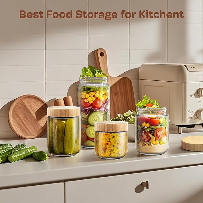 4 Pack 10oz Overnight Oats Containers with Bamboo Lids, Glass Jars with Airtight Lids for Meal Prep, Wide Mouth Mason Salad Jars, Glass Food Storage Container for Yogurt Chia Snacks Spice Sugar