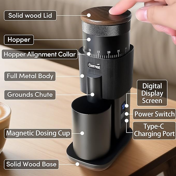Coffee Grinder,Wirsh Portable Cordless Rechargeable Burr Coffee Grinder Geimori T38 with Conical Burrs,3600mAh Batteries,Grind Settings for Espresso,Pour Over,French Press,Camping,Travel&Home Use