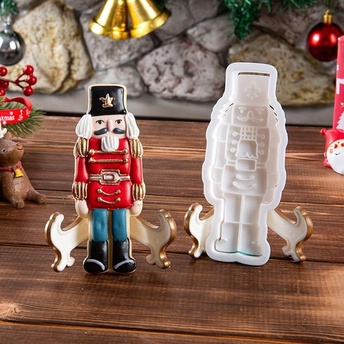 Flycalf Christmas Cookie Cutters Nutcracker Shapes with 3D Stamper Fall Holiday PLA Baking Accessories Cutter Molds Gifts for Kids Decorative Party 3.5" Kitchen Cake Supplies