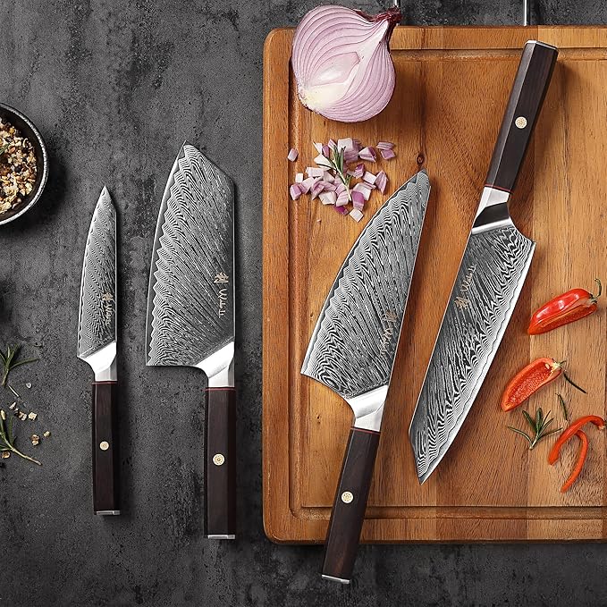 Wakoli Damascus Chef Knife Set with Magnetic Block – 4-Piece Professional Kitchen Knife Collection | Genuine 67-Layer Damascus Steel Blades | Ergonomic Dark Oak Wood Handles (Culinary Asia)