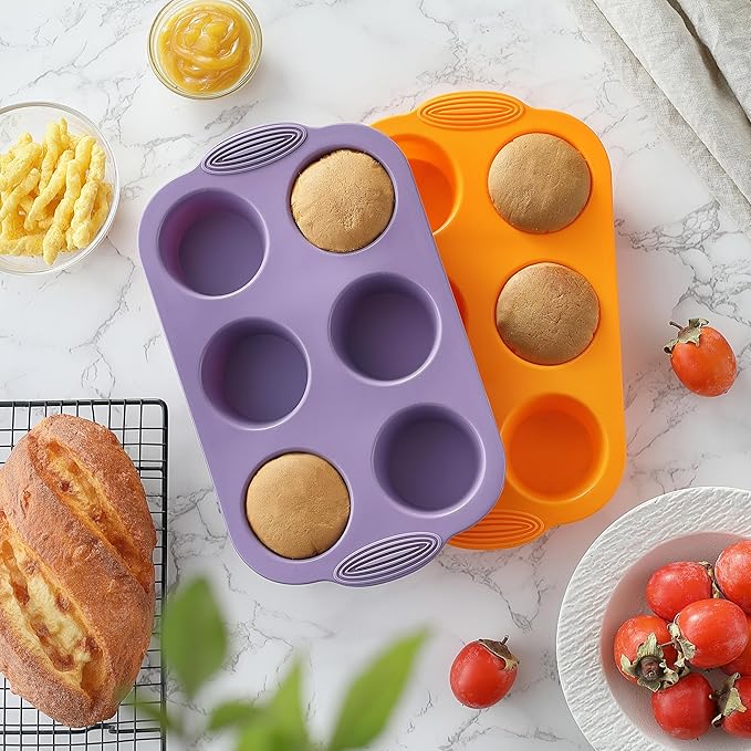 JJOO 2PCS Silicone Muffin Pan, 6-Cavity Nonstick Muffin Cupcake Pans Molds for Baking, Great for Cupcakes, Muffin, Brownies and More, BPA Free, Pack of 2 Colors (Orange and Purple)