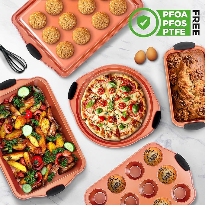 NutriChef 8 Piece Baking Pans Set - Nonstick Carbon Steel Bakeware Set w/ Silicone Heat-Safe Handles - Includes Loaf Pan, Muffin Pan, Cookie Sheets, Pizza Crisper, Roasting Pans - Rose Gold