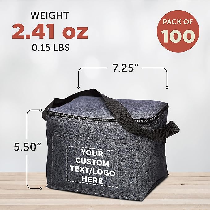 Custom Insulated Cooler Lunch Bag Set of 100, Personalized Bulk Pack - Perfect for Work, Travel, Outdoor Events - Black