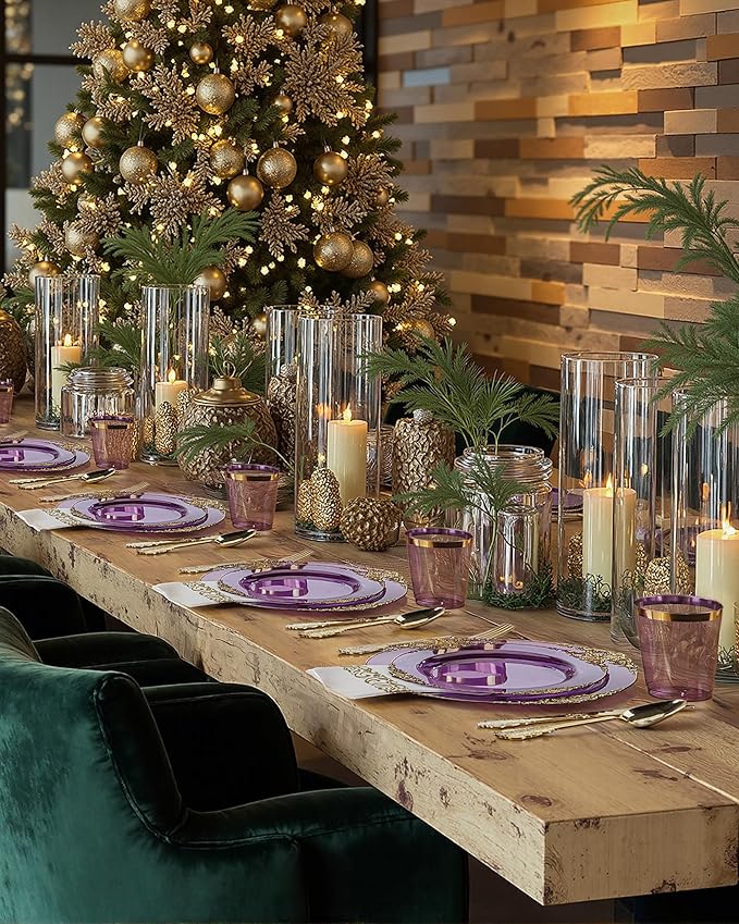Nervure 350PCS Purple Plastic Plates - Purple Plastic Dinnerware Sets for 50 Guests - 100 Disposable Plates, 150 Gold Silverware, 50 Cups, 50 Napkins for Wedding & Party