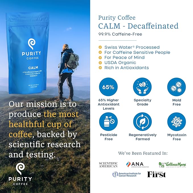 PURITY COFFEE CALM Decaf Medium Roast Whole Bean (12oz Bag) | Specialty-Grade USDA Organic Mountain Water Process Decaffeinated Blend | Third Party Tested for Mold, Mycotoxins & Pesticides