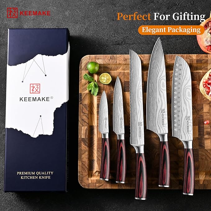 KEEMAKE Knife Set 5 Pieces, Professional Kitchen Knife Set, High Carbon Stainless Steel Chef Knife Set, Ultra Sharp Blade Knives Set for Kitchen with Ergonomic Pakkawood Handle & Gift Box