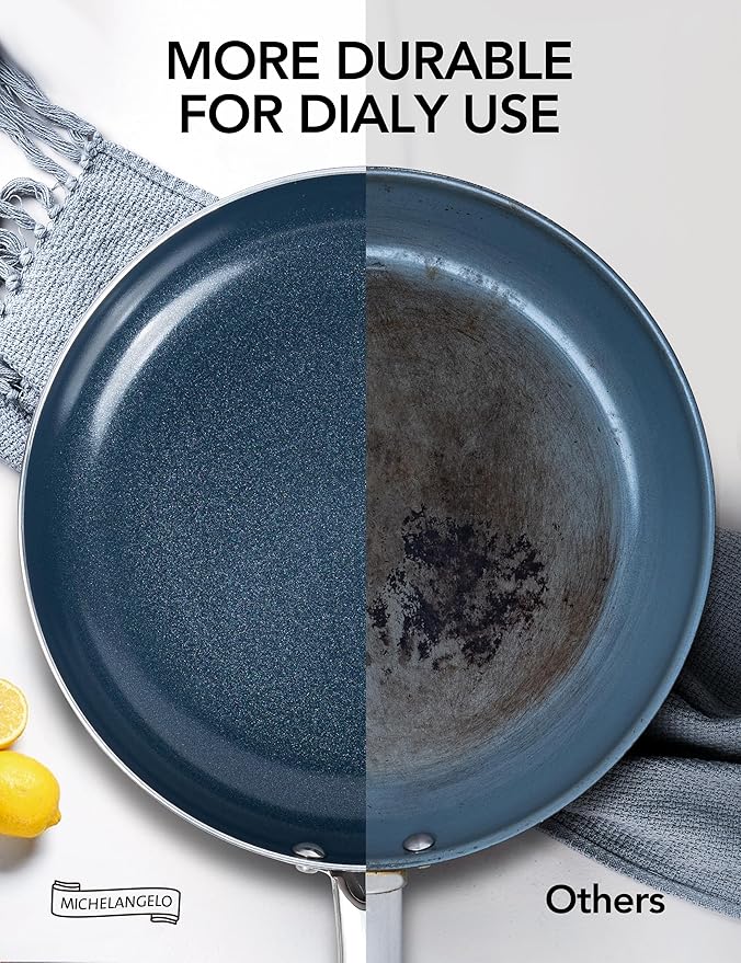MICHELANGELO Small Frying Pan - 8 Inch Nonstick Frying Pan with Lid, Non-Toxic Omelette Pan with Stainless Handle, Nonstick Skillet, Blue-Ceramic