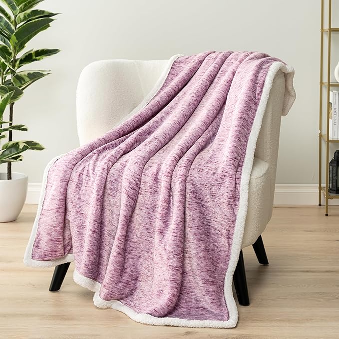 Premium Sherpa Melange Throw Blanket for Couch, Sofa by Pavilia | Soft, Fluffy, Plush, Warm, Cozy | Fuzzy Lightweight Microfiber, Purple Wine Luxury Modern Reversible TV Blanket | 50 x 60 Inches