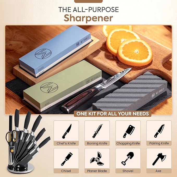 Mt Diablo Knife Sharpener Stone Kit for Chefs & Woodworkers: Dual-Grit Whetstones 400/1000 & 3000/8000, Premium White Corundum, Knife Sharpening Kit with Bamboo Base & Angle Guide, Flattening Stone