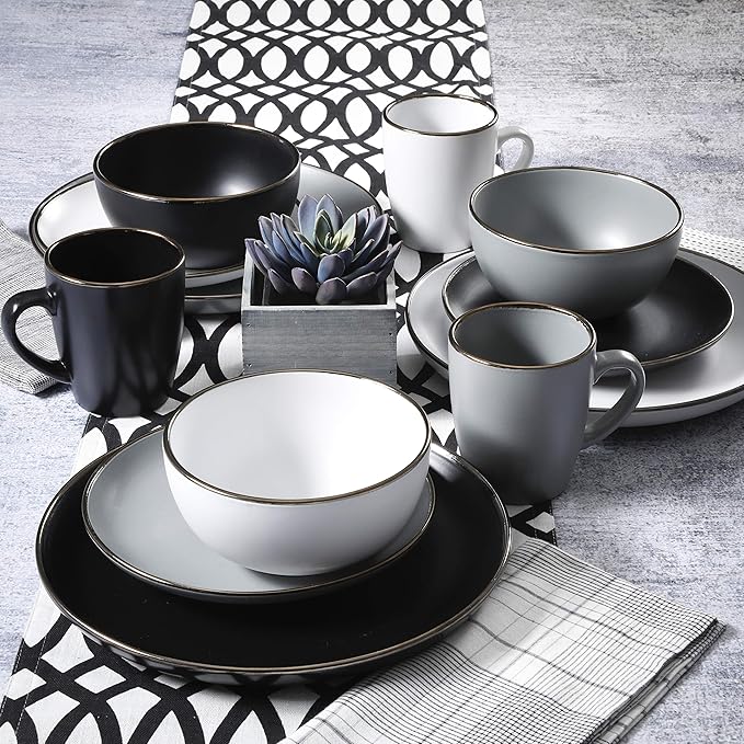 Gibson Home Rockaway Round Dinnerware, Service for 4 (16pcs), Grey/Gold Rim
