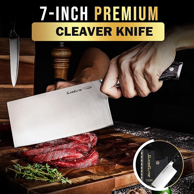 Slice Series 7-Inch Cleaver Knife – High Carbon German Steel Blade with Ergonomic Pakkawood Handle, with Options of Durable Polymer and Premium Leather Sheaths (Cleaver Knife)